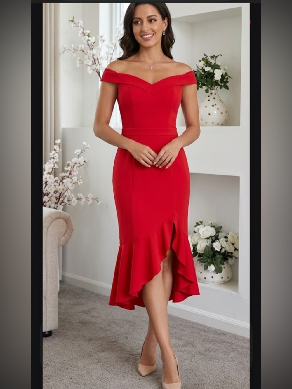 JJs House Red Ruffle-Hem Midi Dress